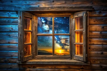 Old wooden window, bathed in starlight, offers a glimpse into a dark, mysterious night scene.