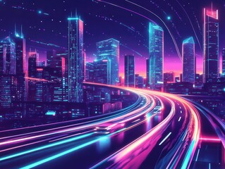 Fototapeta premium Cityscape at night with neon lines of cars moving on highway, illuminated buildings, technology background