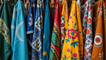Colorful kaftan fabrics displayed in textile shop, Ramadan inspiration