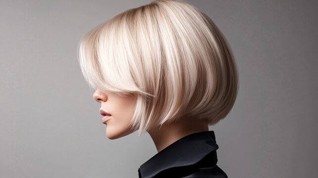 Beautiful blonde woman posing with trendy bob hairstyle