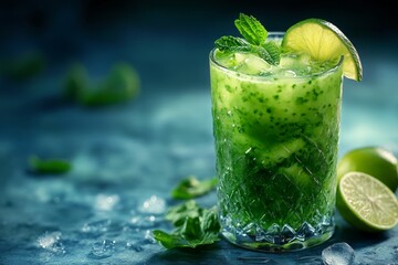 Refreshing green mint lime drink, ice, studio