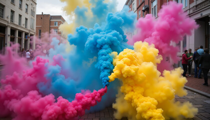 Colorful Holi smoke bomb explosion in urban setting, celebration joy