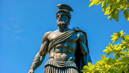 Obraz premium Majestic bronze greek warrior amidst lush greenery