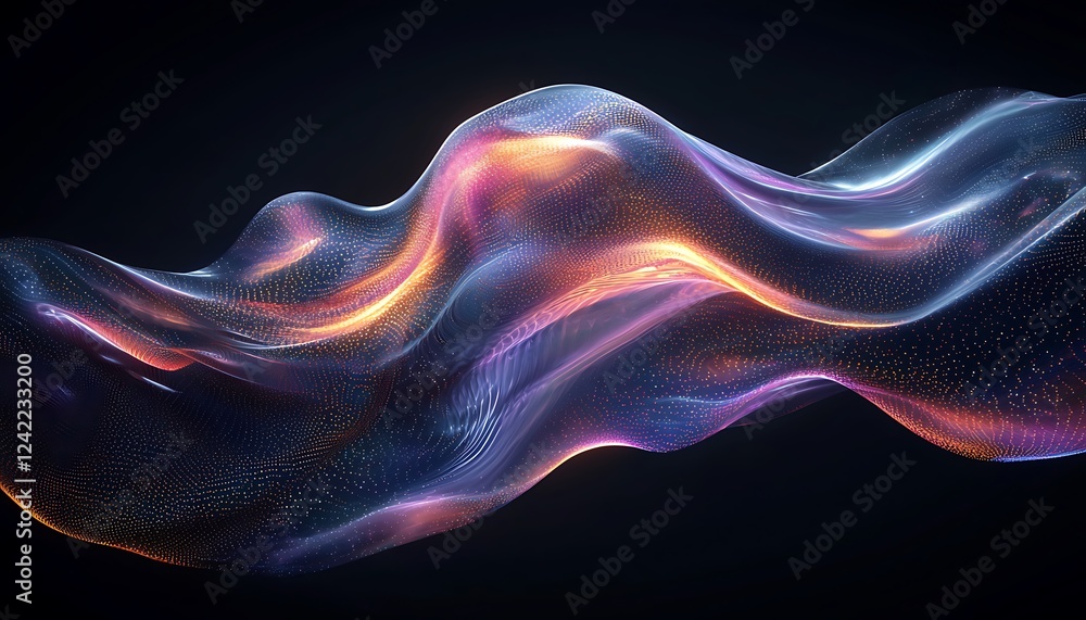 Poster a retro-futuristic 3d render of a fluid, iridescent wave in motion, combining retro and modern digit