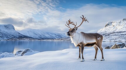 Beautiful reindeer standing on the edge of a lake and mountains in winter with snow, natural photography.