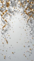 Silver and gold ribbons confetti celebration background
