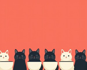 Obraz premium A colorful illustration featuring a lineup of cute cats in bowls against a vibrant background.