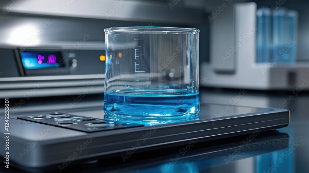 Poster a closeup of a glass beaker filled with vibrant blue liquid sits atop a digital weighing scale. a co
