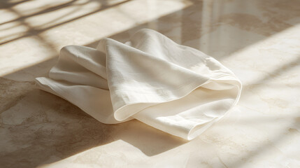 Obraz premium Soft, creamy fabric draped elegantly on a light-colored surface, bathed in sunlight.