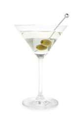 Martini cocktail with olives in glass isolated on white