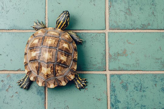 A turtle rests on a textured green tile surface, showcasing its unique shell patterns and colors. - Powered by Adobe