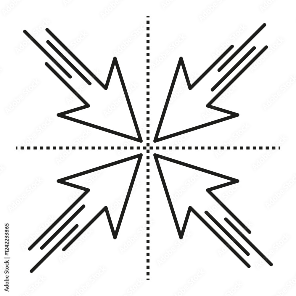 Poster converging pointer arrows. center target shape. vector cross focus. minimal aiming symbol.