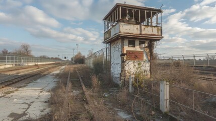 Abandoned Train Station Tower Surrounded by Overgrown Tracks and Grass