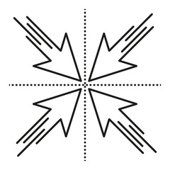 Converging pointer arrows. Center target shape. Vector cross focus. Minimal aiming symbol.