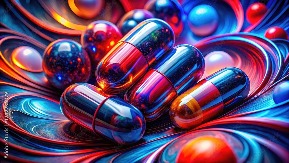 Poster psychedelic art explodes with red and blue pills in a surreal double exposure.