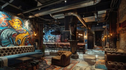 Modern Urban Lounge with Colorful Mural and Cozy Furniture