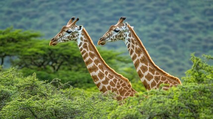 Obraz premium Two giraffes in the midst of their love, showing affection in the savannah backdrop, with lush green trees. World Wildlife Day concept campaign.