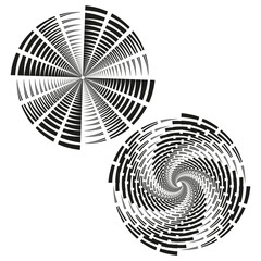 Abstract swirl pattern. Circular radial concept. Bold black spinning motif. Dynamic vector optical illusion shape.