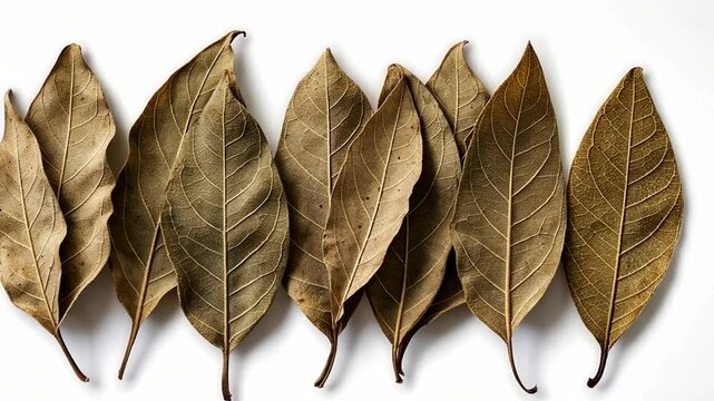 Dried green bay leaves, textured and neatly arranged on white.