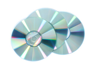 Shiny compact discs isolated on white, top view