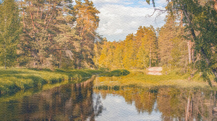 Painting of a river with trees and a cloudy sky