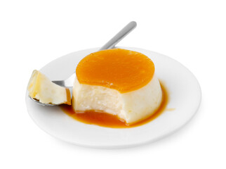 Tasty pudding with caramel sauce and spoon isolated on white