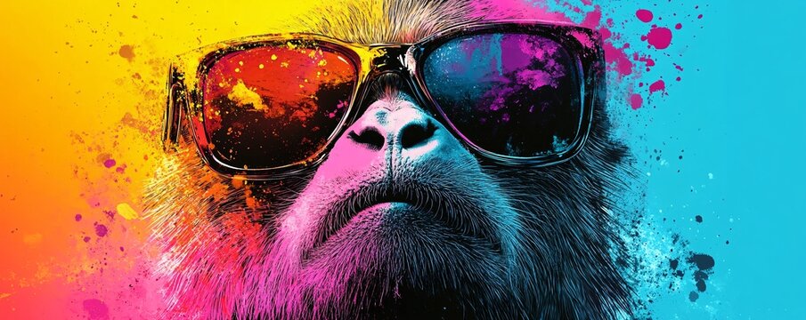 Cool monkey wearing sunglasses with colorful paint splatter effect - Powered by Adobe