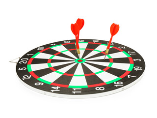 Dart board with red arrows hitting target isolated on white