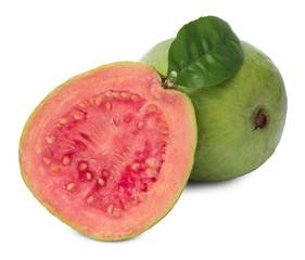 Fresh whole and cut guava fruits isolated on white