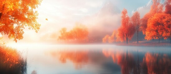 Serene Autumn Lake Reflection in Misty Mountains