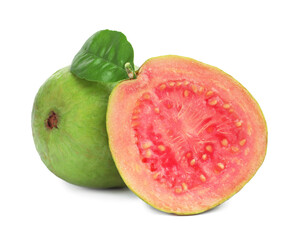Fresh whole and cut guava fruits isolated on white