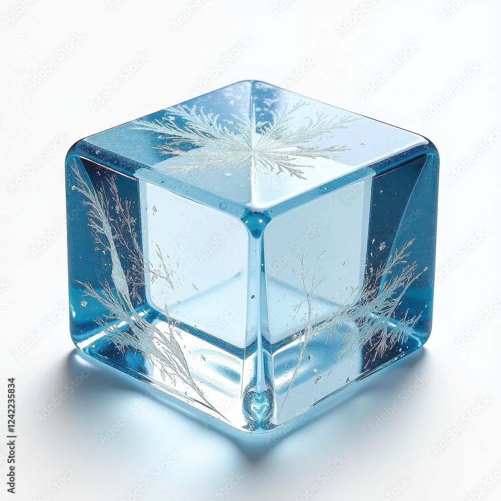 Poster translucent blue ice cube with intricate snowflakes on starker white background