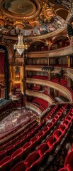Obraz premium Grand academy theater. Horseshoe balconies curve around plush red velvet seats. Gilded Baroque details gleam under a crystal chandelier. Rich draperies softly blur.