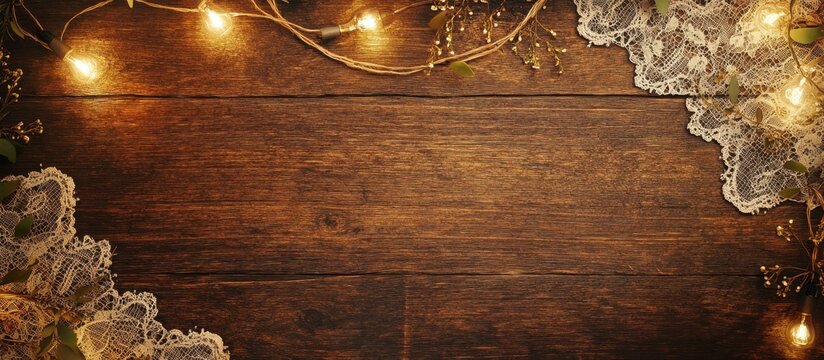 Rustic Wedding Invitation Design: Wooden Background with Lace and Lights