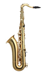 Jazz. One beautiful saxophone isolated on white