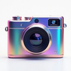 Vibrant Iridescent Camera with Holographic Lens Effect on White Background