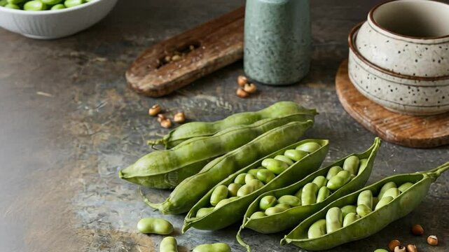Fresh fava beans in pods, some split, showcasing bright green beans on counter.
