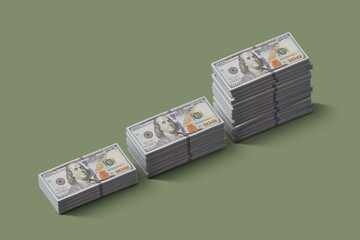 Three stacks of hundred-dollar bills arranged in ascending order