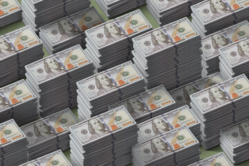 Seamless pattern of hundred dollar banknotes arranged in stacks