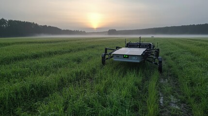 Fototapeta premium A robotic agricultural device operates in a vibrant green field as the sun rises in the background, creating a tranquil atmosphere enhanced by morning mist
