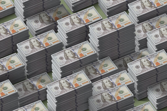 Seamless pattern of hundred dollar banknotes arranged in stacks