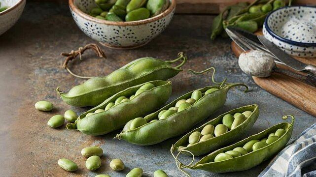 Fresh fava beans in pods, some split, showcasing bright green beans on counter.