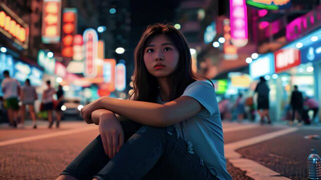 夜の繫華街の路上に座り込む若いアジア人女性