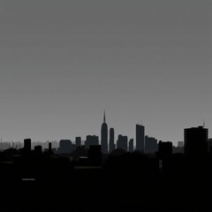Illustrated city skyline at twilight with skyscrapers silhouetted against a deep blue sky transitioning to a soft yellow horizon skyline silhouette 