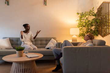 Expressive woman telling story to friend