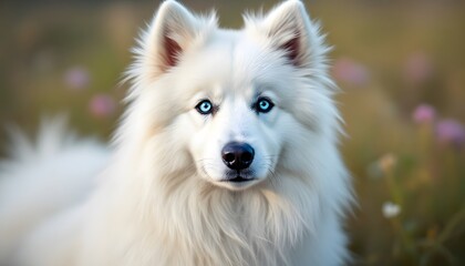 Fototapeta premium Portrait of a fluffy white purebred dog with striking blue eyes, conveying innocence and loyalty - Suitable for pet care ads, greeting cards, and social media posts