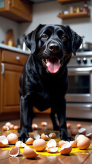 "Mischievous Labrador in the Kitchen with Broken Eggs"