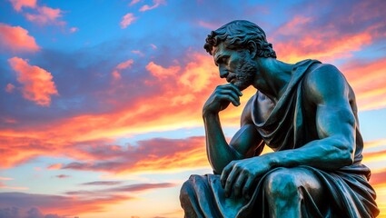 Obraz premium Pensive bronze statue reflecting on philosophy at sunset