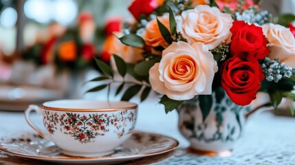Fototapeta premium Elegant Teacup with Floral Arrangement in Soft Natural Light