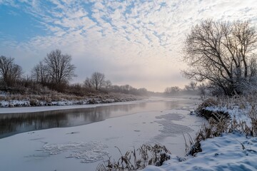 Frozen river. Pattern of ice on the surface of the water.